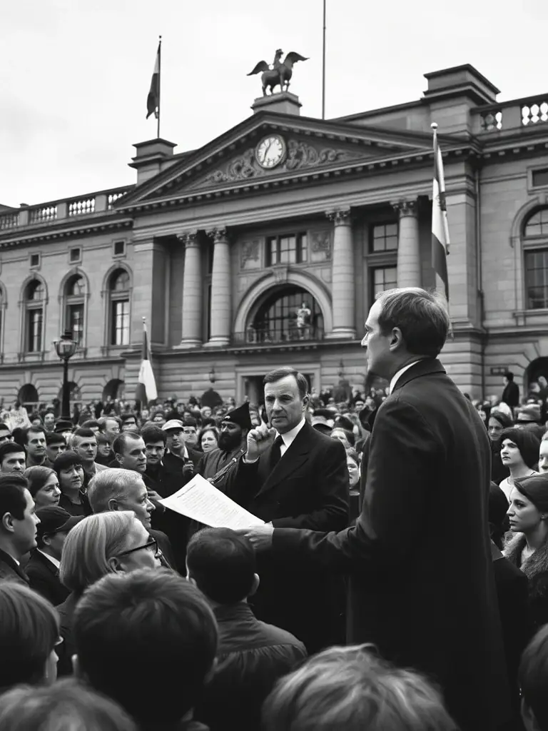 A black and white photograph of Patrick Pearse reading the Proclamation of the Irish Republic outside the General Post Office during the Easter Rising, with onlookers gathered around.