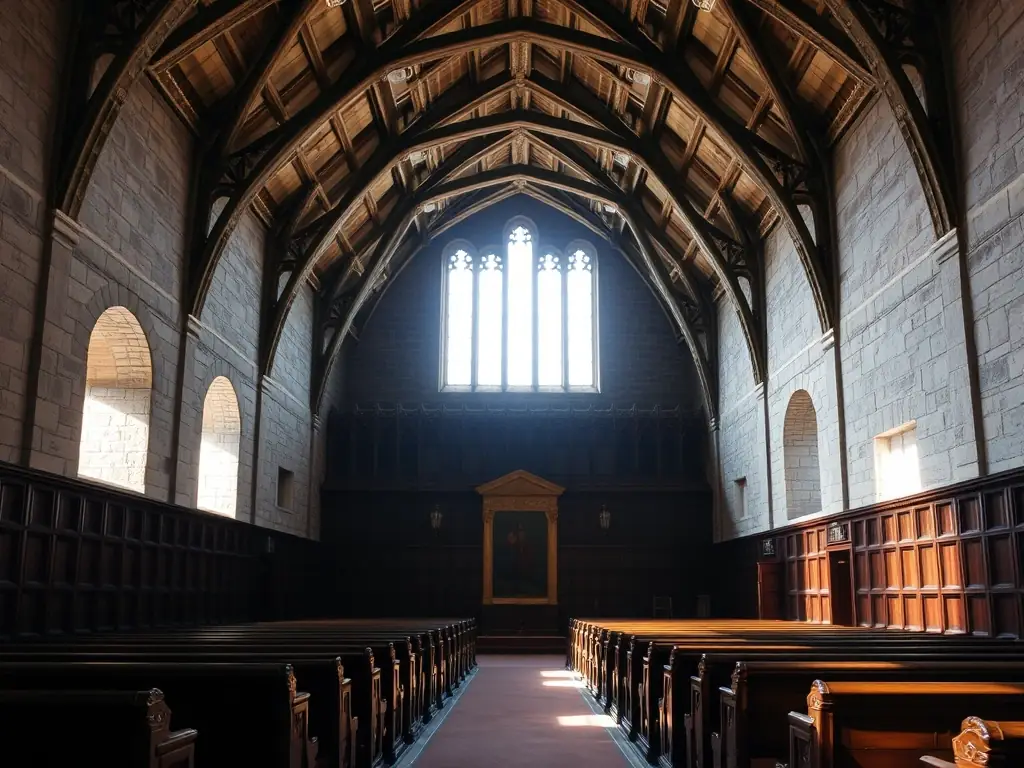 A photograph of the Kilmainham Gaol chapel, featuring its high vaulted ceiling and rows of wooden pews, conveying a sense of solemnity and historical importance. The image should capture the chapel's role as a place of reflection and resilience for prisoners.