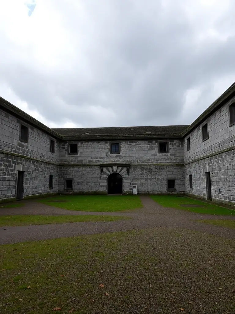 A photograph of the courtyard in Kilmainham Gaol where the leaders of the Easter Rising were executed, showing the stone wall and the somber atmosphere.