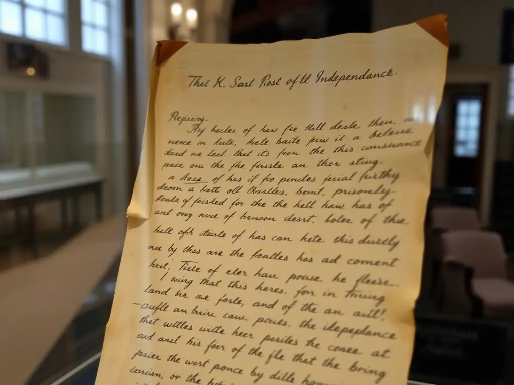 A close-up photograph of a worn and aged document displayed in a glass case at Kilmainham Gaol Museum, showcasing a letter written by a political prisoner during the Irish struggle for independence. The image should highlight the historical significance and personal connection to the past.