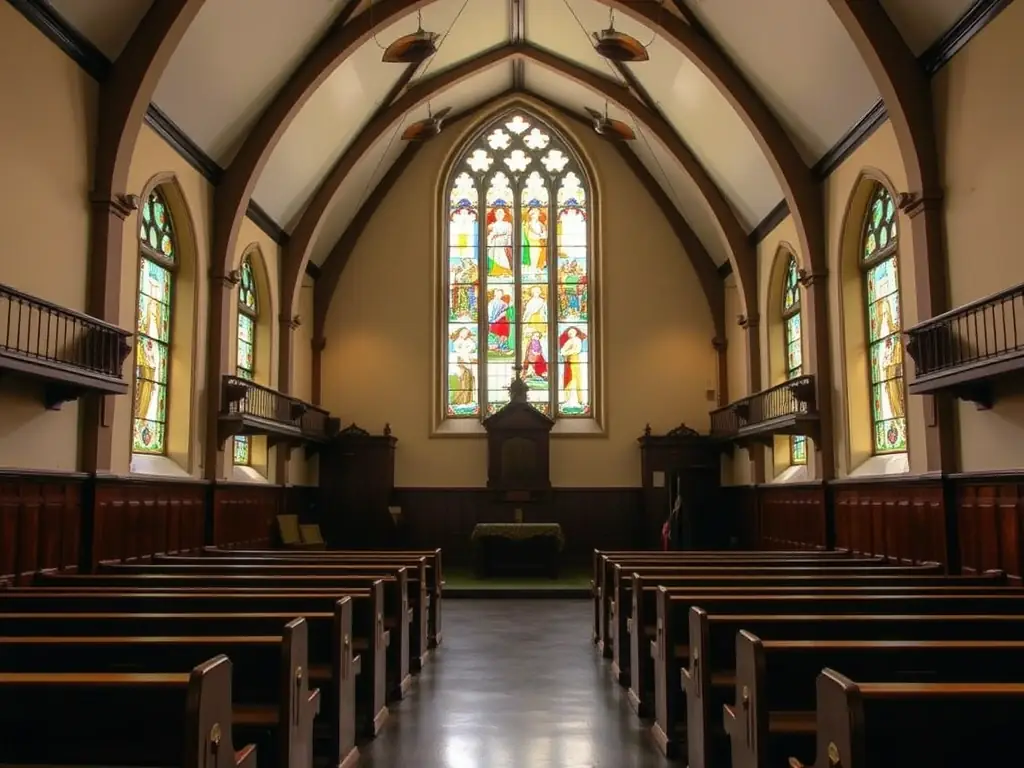 A photograph of the Kilmainham Gaol chapel, where many prisoners attended services and where some significant events in the prison's history took place. The image aims to capture the spiritual and historical significance of the chapel.