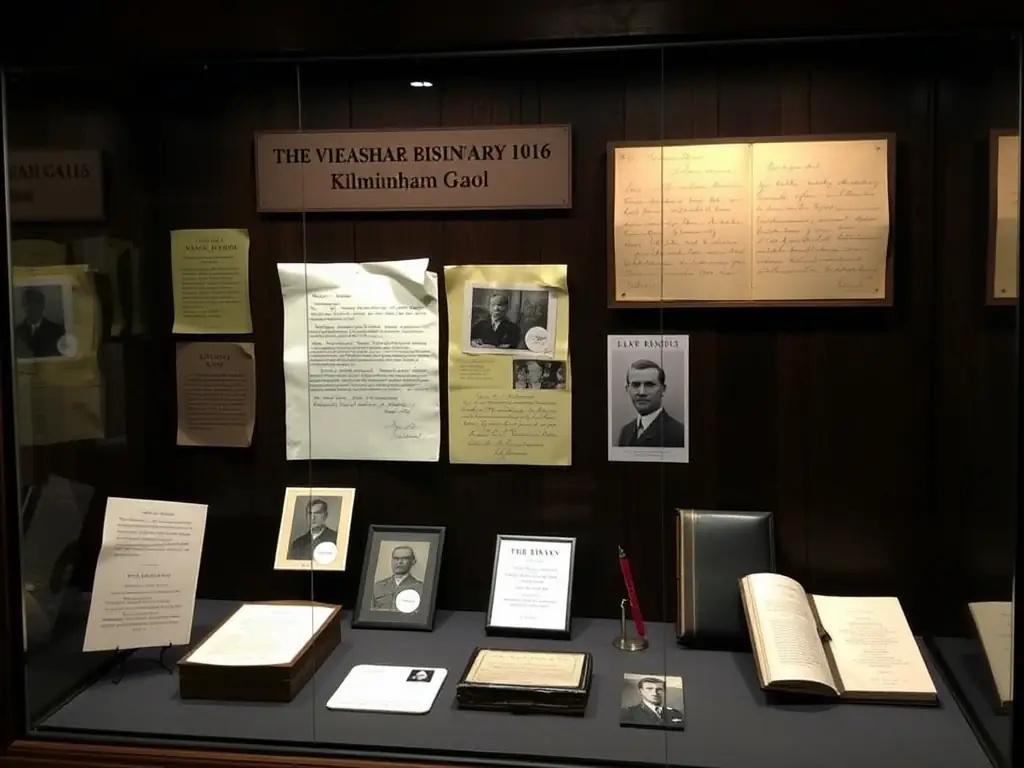 A display case featuring personal belongings of a prominent figure from the 1916 Easter Rising, such as letters, photographs, and a diary. The exhibit aims to highlight the human stories behind the historical events.