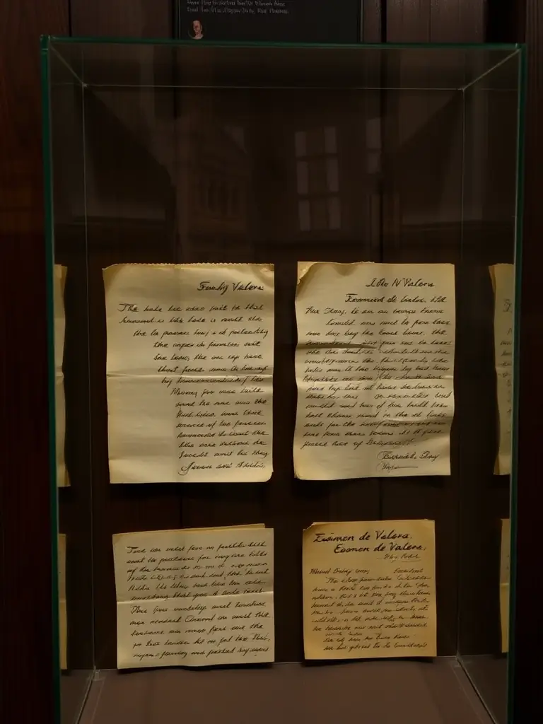 A display case containing letters written by Éamon de Valera during his imprisonment in Kilmainham Gaol after the Easter Rising.