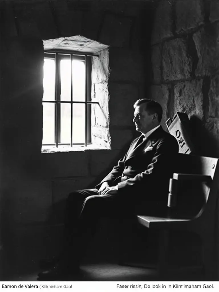 A photograph of Éamon de Valera, a key figure in the Easter Rising and later Taoiseach of Ireland, inside Kilmainham Gaol.