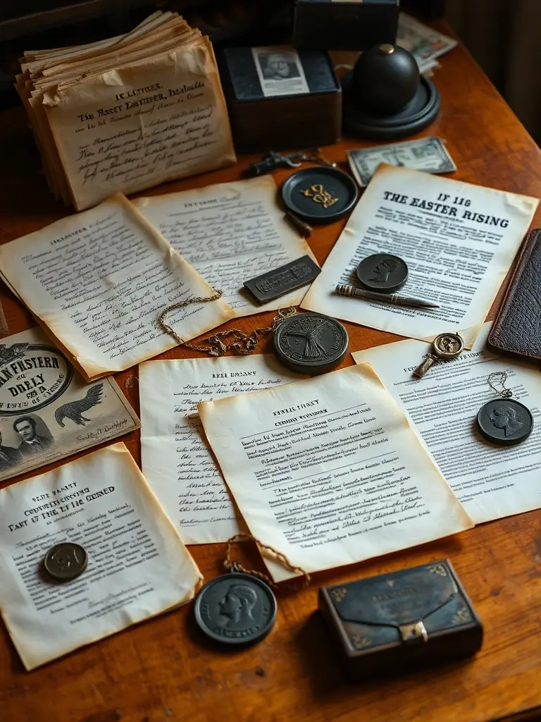 A photograph of artifacts related to the 1916 Easter Rising, including letters, documents, and personal items belonging to the leaders of the rebellion.