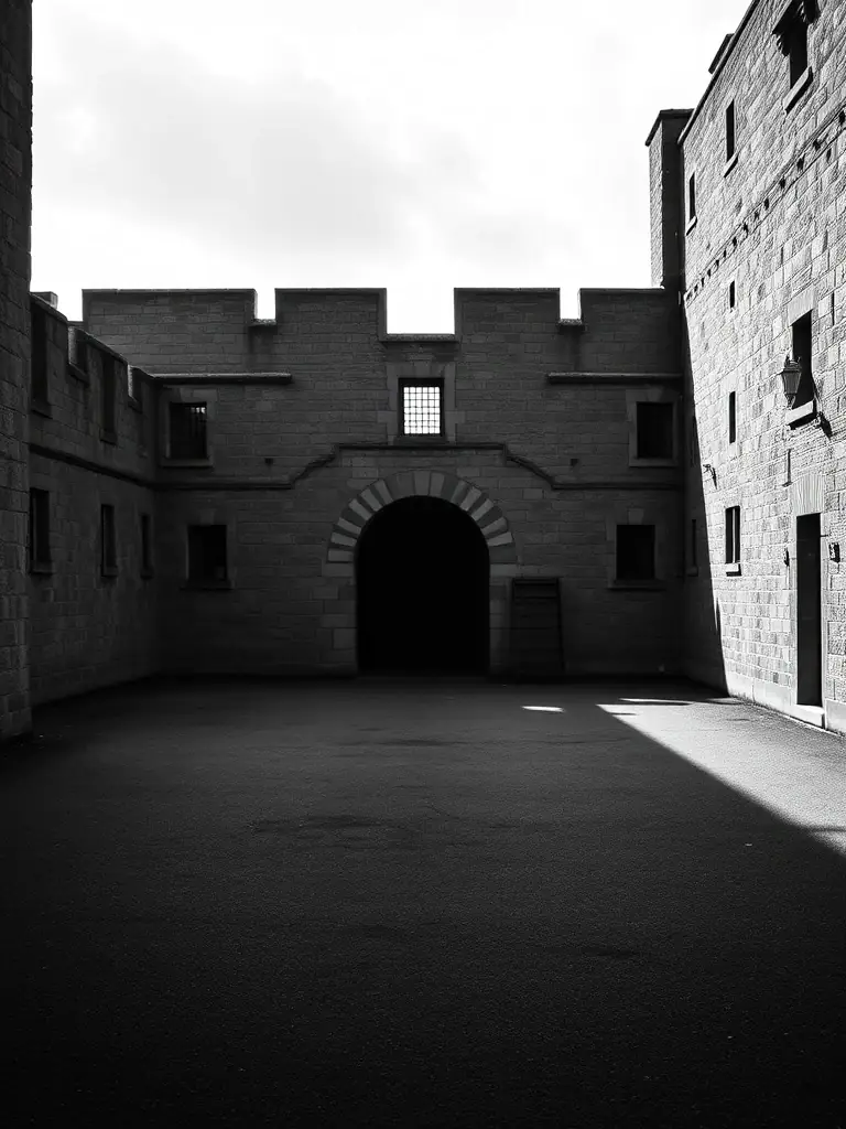 A black and white photograph of the Kilmainham Gaol prison yard, showing the stark architecture and the somber atmosphere of the location.