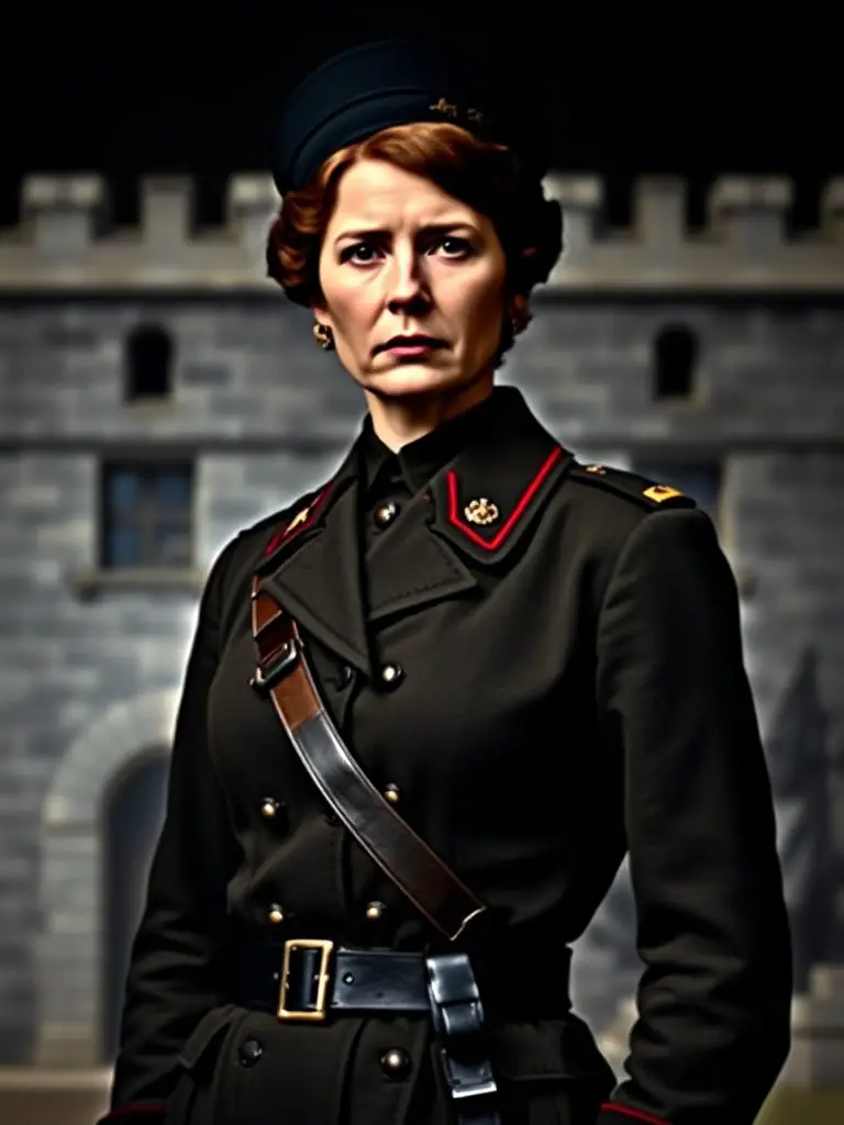 A historical image of Countess Markievicz in military uniform, representing her role in the Easter Rising and her subsequent imprisonment.