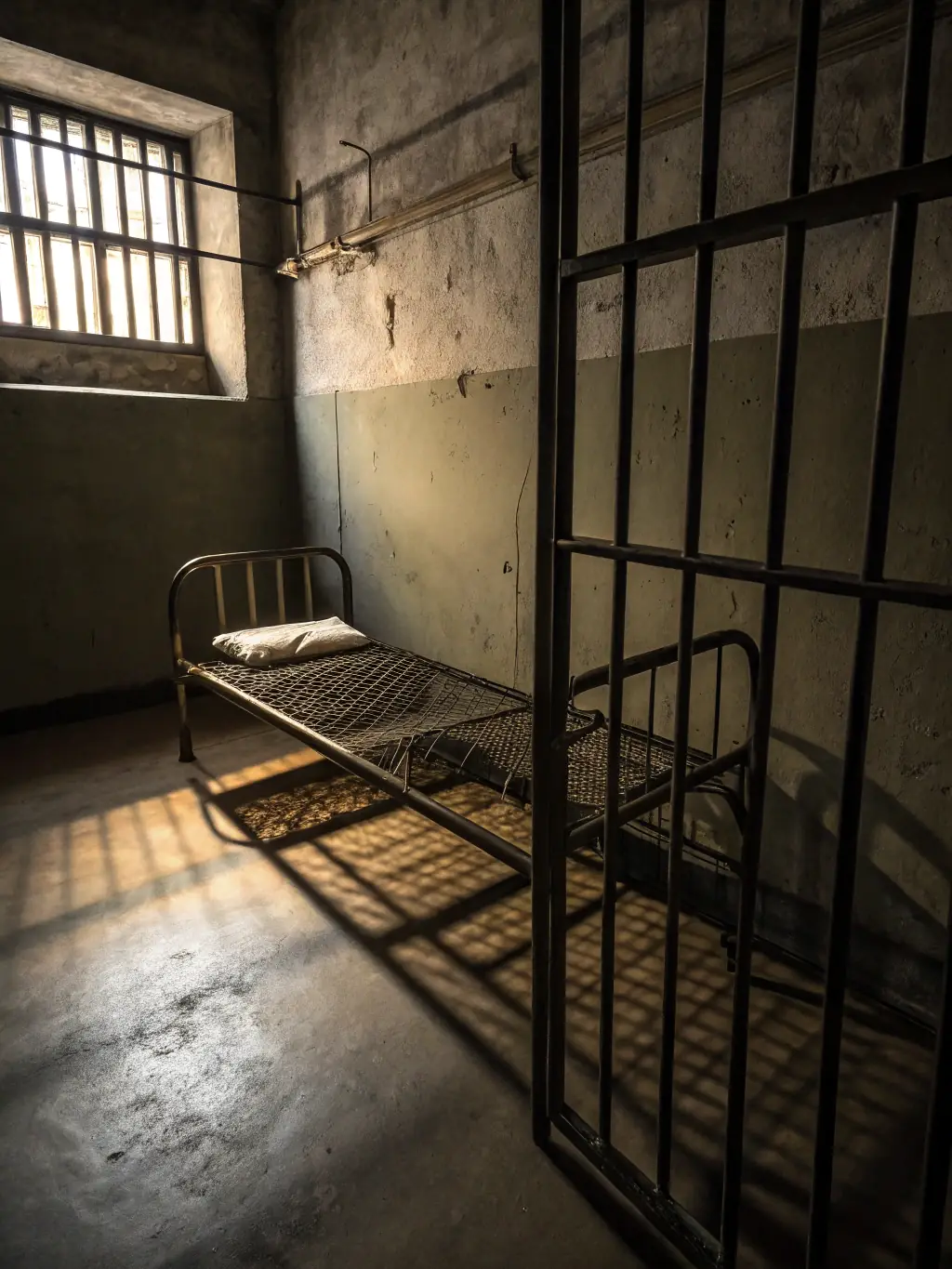 A close-up photograph of a cell in Kilmainham Gaol, featuring a simple bed and a barred window, emphasizing the harsh conditions endured by prisoners.