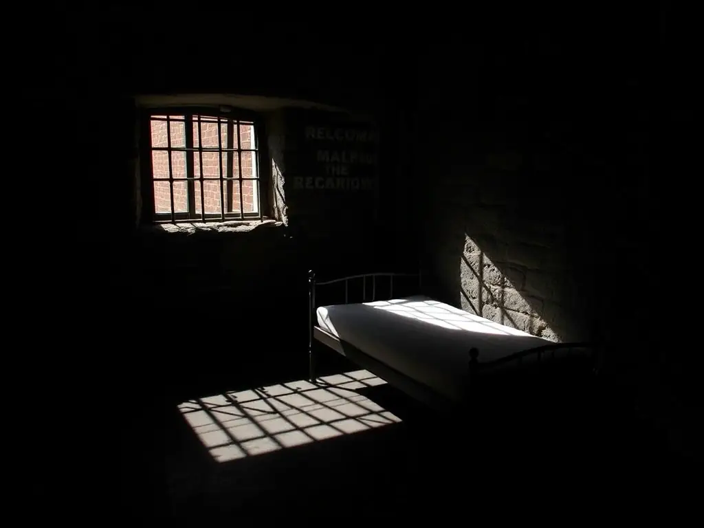 A dimly lit cell in Kilmainham Gaol, with a single bed and a barred window, evoking the harsh conditions endured by prisoners. The image aims to convey the somber atmosphere of the prison.